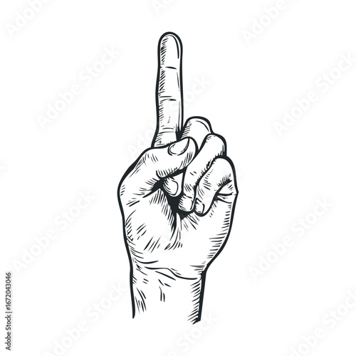 Hand gesture indicating number one in simple line art style. Vector illustration