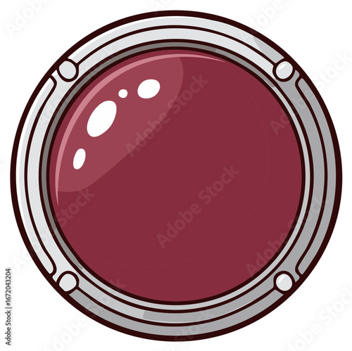 Metallic round hatch illustration with maroon glass center. Escape pod portal. Cartoon style.