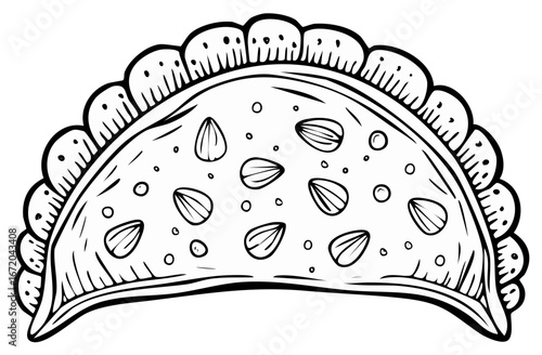 Hand Drawn Empanada Pastry with Nut Filling and Scalloped Edge Black and White Illustration
