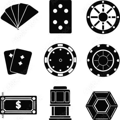 Casino Gambling Games and Money Icons Set Vector Silhouettes