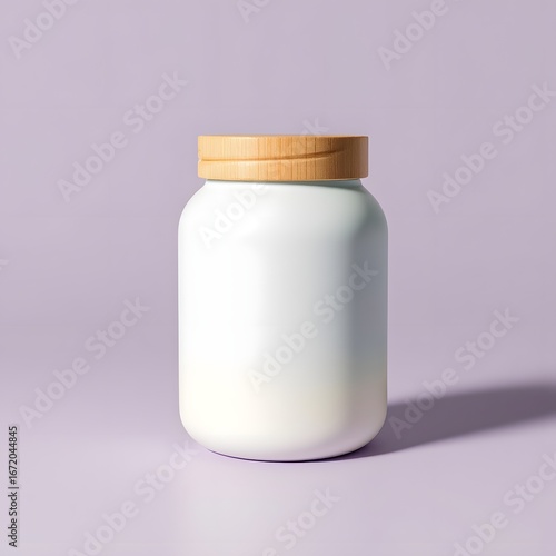 White cylindrical jar with wooden lid on a pastel purple background container bottle