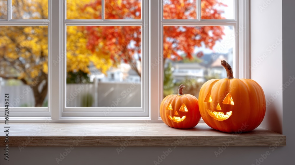 Fototapeta premium Two pumpkins with a light inside sit on a window sill. The scene is set in autumn, with trees outside the window. Scene is warm and cozy, as the pumpkins are lit up and placed on a wooden surface