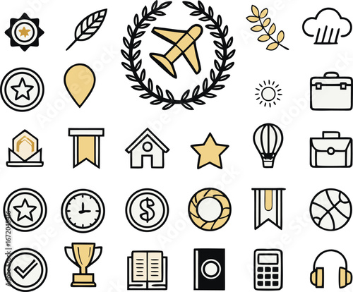 Collection of assorted icons including travel related symbols weather objects and academic representations