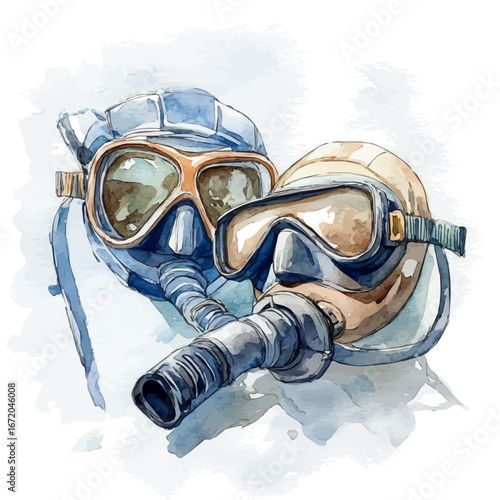 watercolor vector of Snorkeling Gear, isolated on a white background.