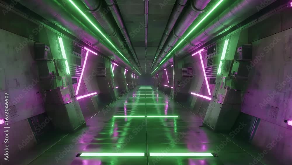 futuristic 4k tracking shot moving through a glowing neon hallway illuminated with green purple lights reflecting off the shiny floor evoking a surreal cyberpunk sci fi