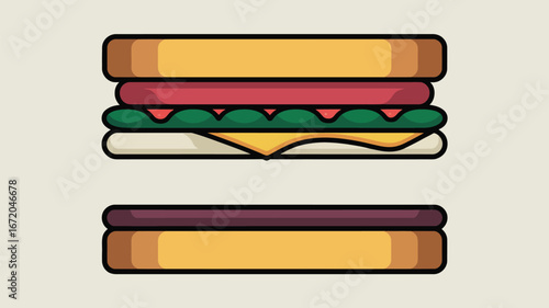 A stylized illustration of a sandwich with visible layers, including bread, tomato, lettuce, and cheese