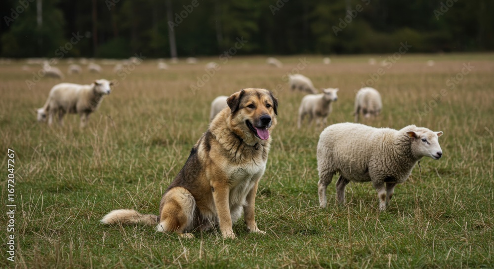 Naklejka premium Livestock Guardian Dog Watching Over Sheep in Countryside