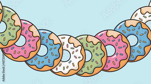 A colorful array of cartoon donuts with various toppings against a light blue background illustration