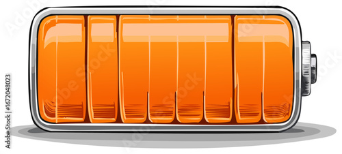 Orange Battery Cartoon Style Illustration - Energy Levels, Charged Power, and Technology Concept Art Element