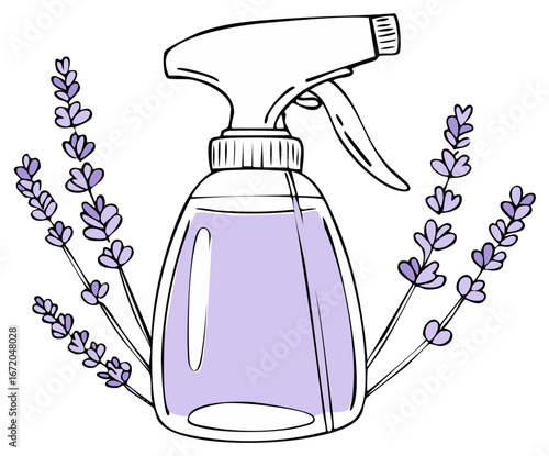 Aromatic lavender spray bottle with blossoms illustration for home and wellness