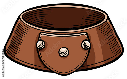 Wide studded brown leather collar in a vintage cartoon illustration style.
