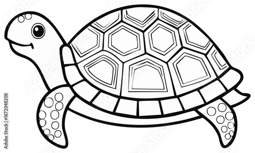 Charming cartoon turtle line art illustration with a smiling face, ideal for children's coloring books, educational resources, and playful designs