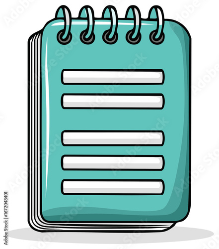 Cartoon illustration of a teal blue notepad with lined pages and metal rings