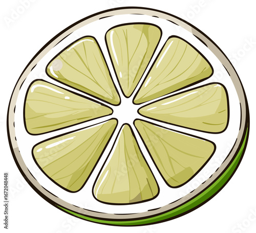 Vibrant lime slice shows segmented pulp and a glossy finish in a stylized vector illustration a fresh and juicy citrus