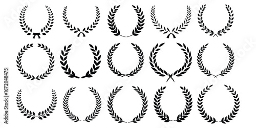 Set of black silhouette circular laurel foliate, wheat and oak wreaths depicting an award, achievement, heraldry, nobility on white background. Emblem ...