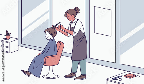 A hair dresser in a modern saloon cutting a hair of a boy sitting him in a saloon chair
