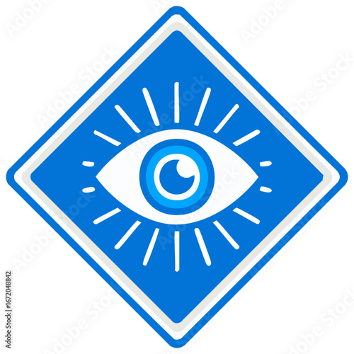 Eye symbol in blue square frame with white rays emanating from it for talisman concepts