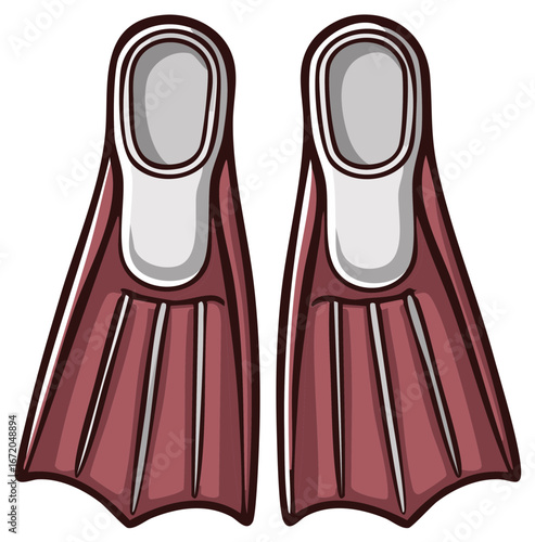 Cartoon illustration of a pair of red and white swimming flippers for underwater activity