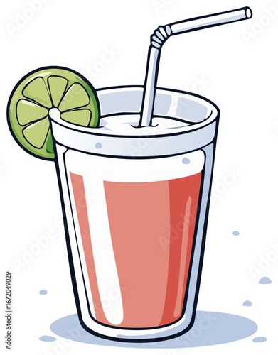 Cartoon Style Drink with Lime Slice and Straw in a Tall Glass, Beverage Illustration