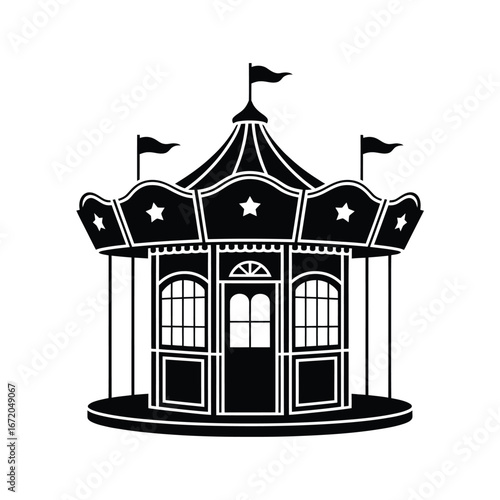 Classic black and white carousel illustration for amusement parks and fairs