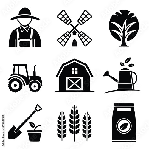 Illustration of farming elements including a farmer windmill and various agricultural tools and crops