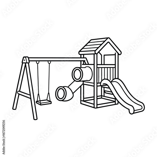 Black and white line drawing of a wooden playground set with swings and a slide