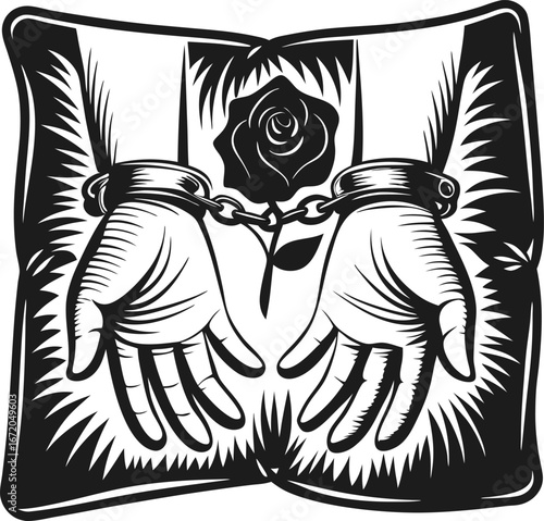 Handcuffed hands on pillow with rose, black and white graphic symbol of imprisonment, justice, loss of freedom, or wrongful conviction
