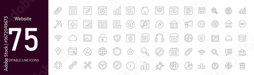 Website icon set. Containing homepage, sitemap, browser, SSL, domain, hosting, server, responsive design, login page, landing page, analytics, and more. Editable line icons. Vector illustration