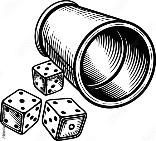 Vintage dice cup with three rolling dice black and white etching illustration of classic game accessories for chance and luck
