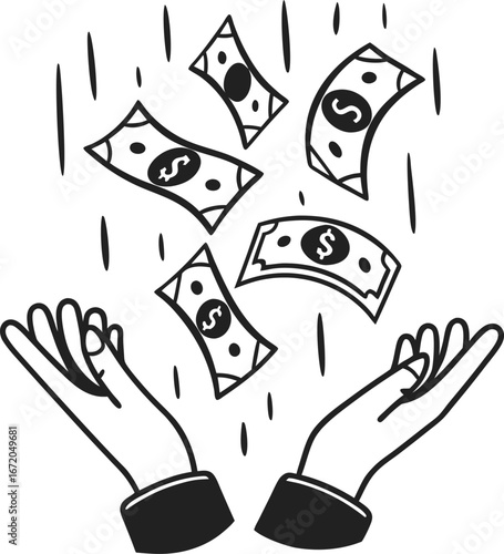 Hands catching falling dollar bills investing, saving, financial success, money growth, wealth and income increase concept