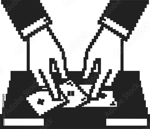 Pixel art hands placing cards into ballot box retro black and white voting illustration, election participation, democratic process