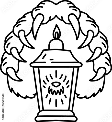 Candle lantern with glowing light, surrounded by clawed monster hand mysterious horror fantasy, spooky halloween illustration