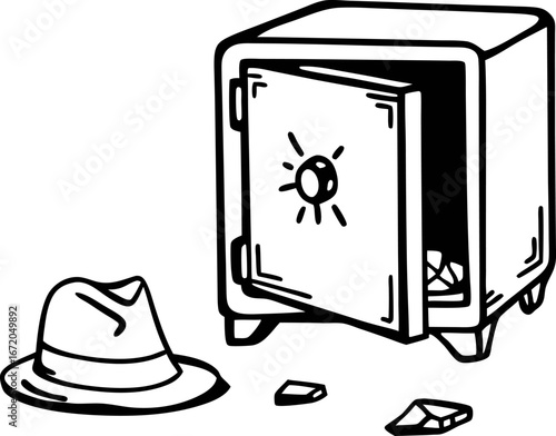 Safe burglary scene with open vault door and scattered valuables, detective hat on floor crime, theft investigation concept