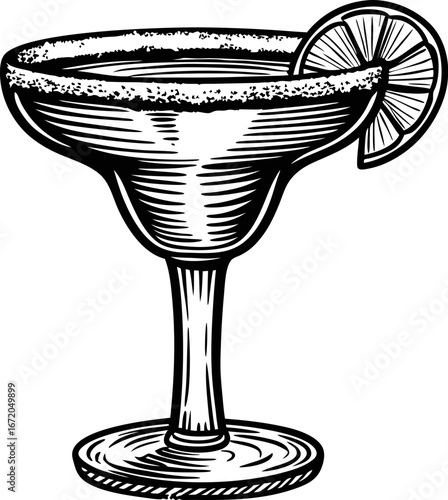Vintage margarita cocktail glass with salted rim, lime wedge garnish hand drawn sketch illustration, classic drink concept