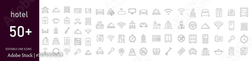 Hotel icon set. Containing bed, key, reception, breakfast, room service, swimming pool, Wi-Fi, gym, laundry, spa, parking, and more. Editable line icons. Vector illustration