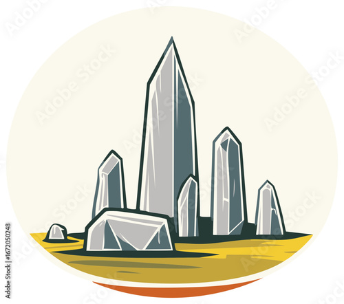 Standing Stones Illustration in a Circle Frame Mysterious Ancient Rock Formation with Tall Monoliths Simple Cartoon Style Art