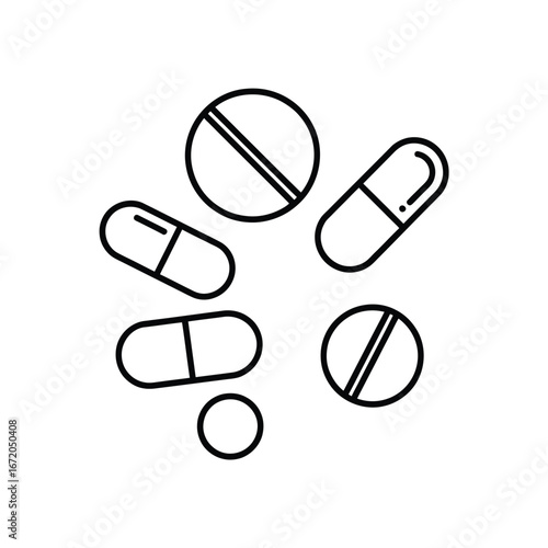 Simple line art illustration of various pills and capsules