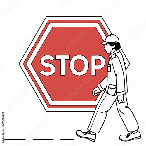 An illustration of a crossing guard walks past a stop sign. The stop sign is red and white and has the word "STOP" in white letters.