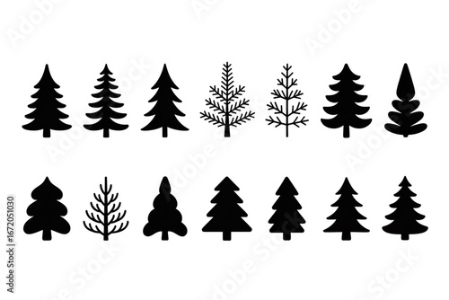 Collection of christmas tree silhouettes isolated on transparent background