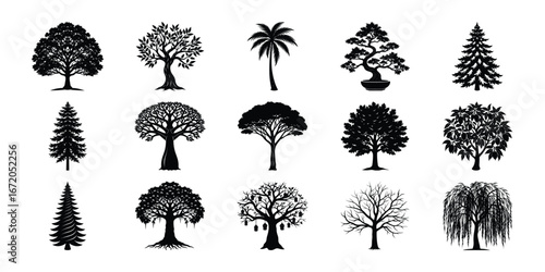 Collection of Tree Silhouettes in Black and White for Graphic Design Projects