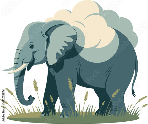 A cute cartoon elephant mom and her baby walk together, a fun illustration of wild mammals