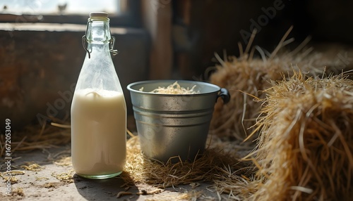 Freshly collected milk bottle next to feed bucket in a rustic barn environment during daylight hours Generative AI
