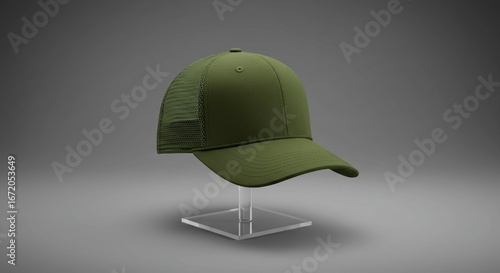 Olive Green Trucker Hat Mock-Up on Display Stand