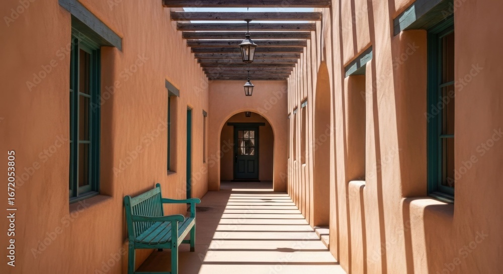 Fototapeta premium Long adobe corridor with wood beams and a wooden bench, featuring the Pueblo Revival architectural style of New Mexico.