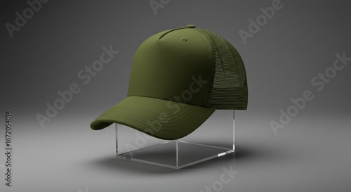 Olive Green Trucker Hat Mock-Up on Display Stand
