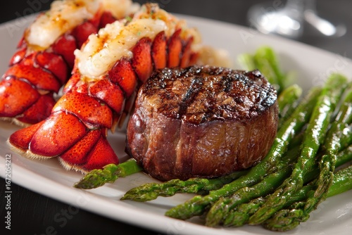 Steak Lobster Surf & Turf Meal with Asparagus. Delicious Epicure Plate with Tenderloin and Seafood