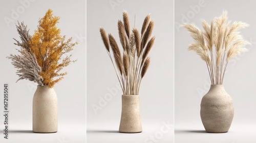 Tall Vase. Dry Pampas Grass Ears in Clay Vase. Interior Decor Set. Isolated 3D Views