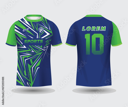 Dynamic blue and green sports jersey design with abstract graphics