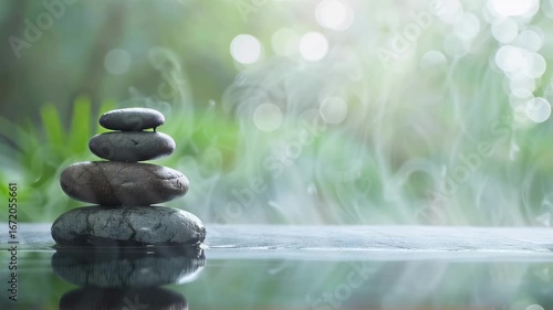 A stack of dark stones in water with steam rising against a green natural background. Concept of hot stone therapy and spa relaxation. Scene for a wellness center or resort