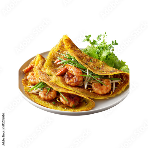 Delicious Banh Xeo with Shrimp, Bean Sprouts, and Herbs on a White Plate